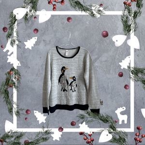 Sequined penguins holiday time sweater L
